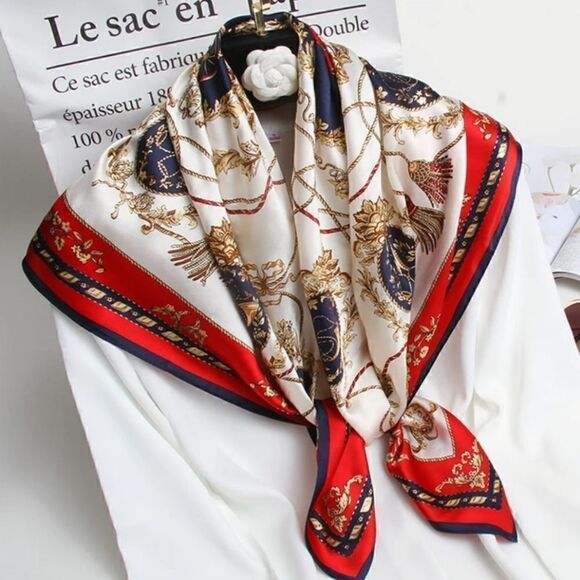 Women's Fashion Red or Blue Print Square Scarf Soft Satin Silky Shawl Scarves - Picture 2 of 10